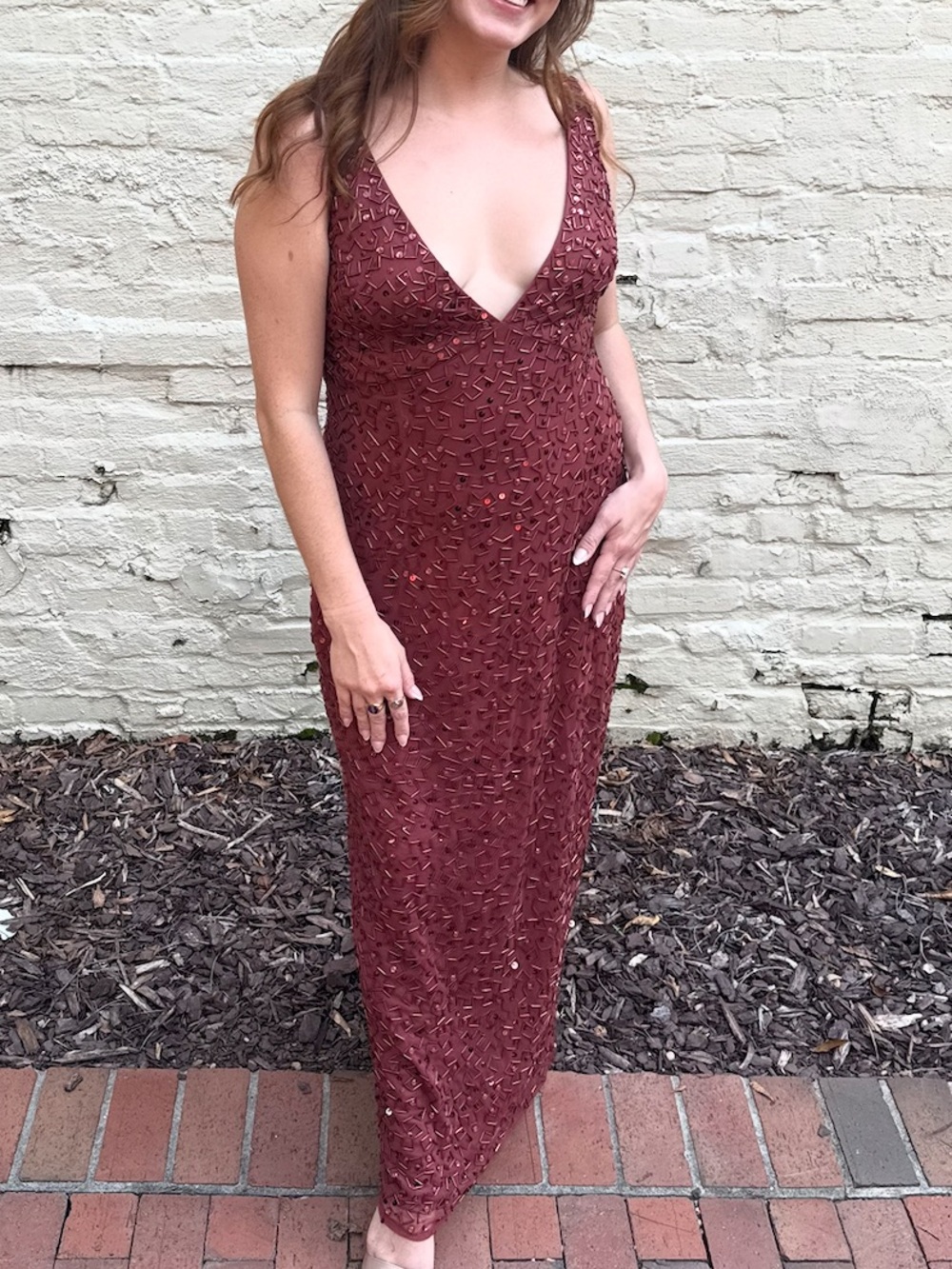 Mac Duggal Sequined Sleeveless V Neck Gown in Brick Red *ALTERED*